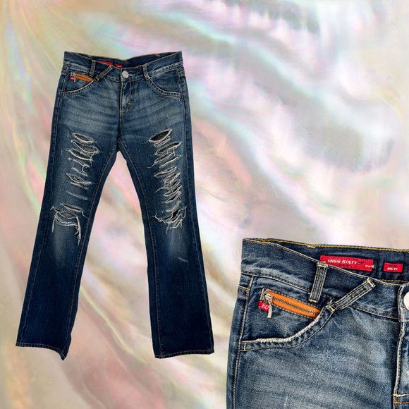 MISS SIXTY Vintage Distressed Denim Jeans Y2K Medium Dark Wash Orange Zipper 28 - Picture 1 of 16